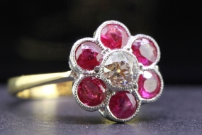 DRAMATIC RUBY AND DIAMOND DAISY CLUSTER 18 CARAT GOLD AND PLATINUM RING