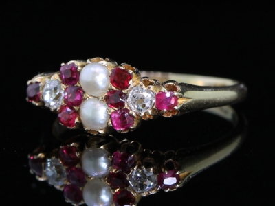 Edwardian Ruby and Natural Pearl and Diamond 18ct Ring