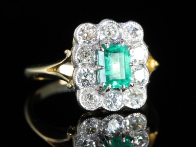 Edwardian Emerald and Diamond 18ct Gold Cluster Ring