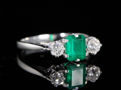  Edwardian Emerald and Diamond 18ct Gold Trilogy Ring