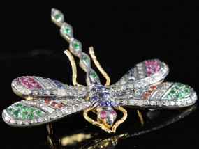 MAGNIFICENT TSAVORITE, RUBY, SAPPHIRE AND DIAMOND JEWELLED DRAGONFLY SILVER/GOLD BROOCH