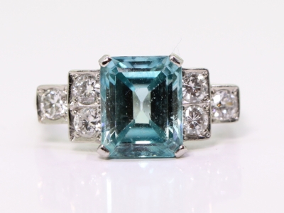 Art Deco Style Natural Blue Zircon and Diamond Platinum Ring