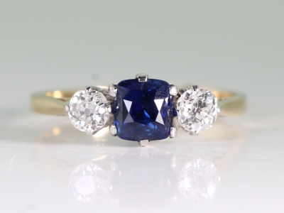 Vintage Natural Sapphire and Old Cut Diamond 18ct Gold Trilogy Ring