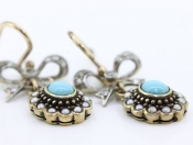 SOPHISTICATED DIAMOND, SEED PEARL AND TURQUOISE 9 CARAT GOLD EARRINGS