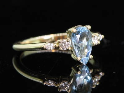 Floral Inspired Pear Cut Aquamarine and Diamond 18ct Gold Ring 