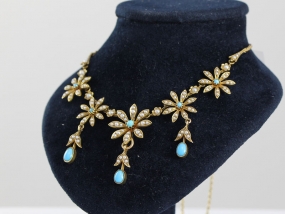 FABULOUS EDWARDIAN TURQUOISE AND PEARL 15 CARAT GOLD NECKLACE 