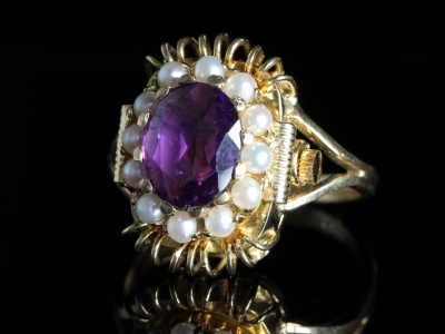 Vintage Bucherer Amethyst and Pearl Watch Ring 18ct Gold