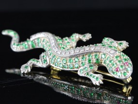  FABULOUS TSAVORITE, RUBY AND DIAMOND GOLD AND SILVER GECKO LIZARD