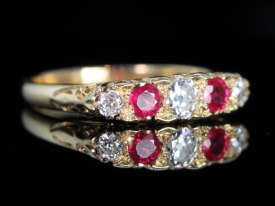 Edwardian Ruby and Diamond Carved Half Hoop 18ct Gold Ring