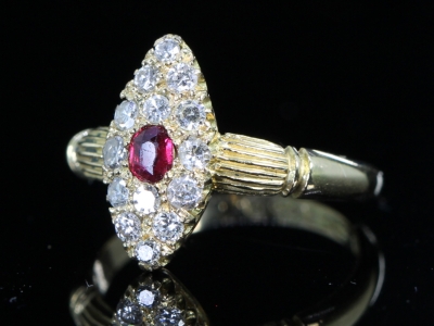 Edwardian Ruby and Diamond Navette 18ct Gold Ring