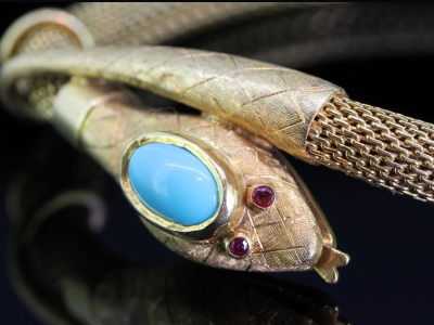 Incredible 18 Carat Gold Turquoise Ruby Snake Bracelet