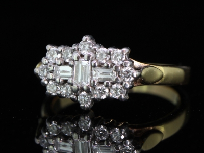 Beautiful Baguette and Brilliant Cut Diamond Cluster 18 Carat Gold Ring