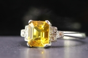 GORGEOUS YELLOW SAPPHIRE AND DIAMOND ART DECO INSPIRED PLATINUM RING