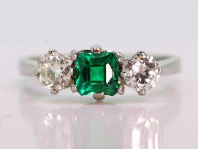 Art Deco Emerald and Diamond Platinum Trilogy Ring