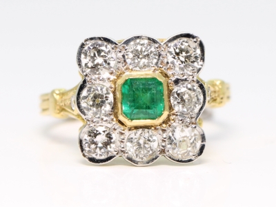 Edwardian Emerald and Diamond 18ct Gold Cluster Ring