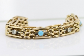 GORGEOUS EDWARDIAN DIAMOND AND TURQUOISE 15 CARAT GOLD BRACELET