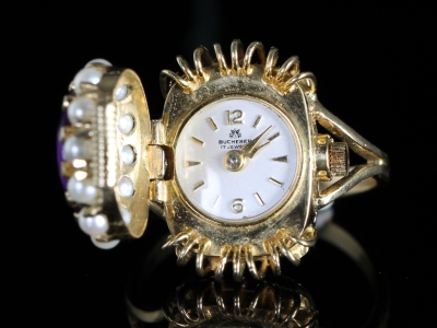 Vintage Bucherer Amethyst and Pearl Watch Ring 18ct Gold