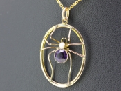 LOVELY AMETHYST AND PEARL SPIDER 9 CARAT GOLD PENDANT