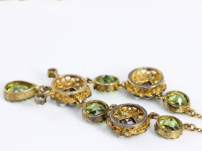 STUNNING SUFFRAGETTE EDWARDIAN AMETHYST PERIDOT PEARL AND DIAMOND 9 CARAT GOLD NECKLACE