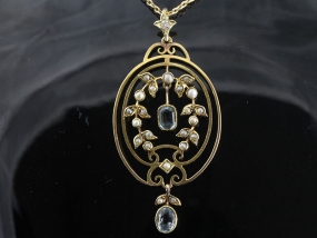 ENCHANTING EDWARDIAN AQUAMARINE AND SEED PEARL PENDANT AND CHAIN