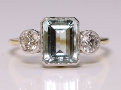 Art Deco Aquamarine and Diamond 18ct Gold Trilogy Ring