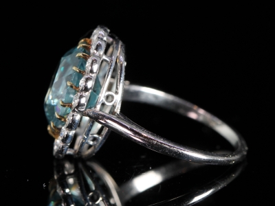  Art Deco 4ct Natural Blue Zircon and Diamond 18ct Gold Cluster Ring