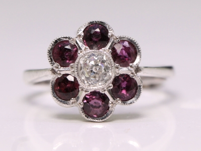 Edwardian Diamond and Natural Ruby 18ct Gold Cluster Ring