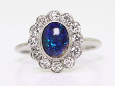  Vintage Black Opal and Diamond Cluster Platinum Ring