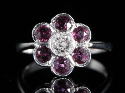 Edwardian Diamond and Natural Ruby 18ct Gold Cluster Ring