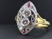  WONDERFUL NEVETTE ART DECO INSPIRED DIAMOND AND RUBY 18 CARAT GOLD RING