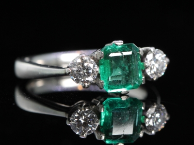 Vintage Emerald and Diamond Trilogy Platinum Ring