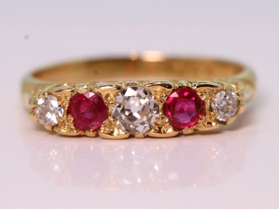 Edwardian Ruby and Diamond Carved Half Hoop 18ct Gold Ring