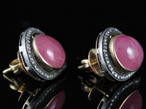 FABULOUS CABOCHON RUBY AND DIAMOND 18 CARAT GOLD/SILVER EARRINGS