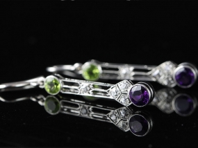 SOPHISTICATED ART DECO STYLE DIAMOND, PERIDOT, AMETHYST PLAINTUM AND 18 CARAT WHITE GOLD EARRINGS