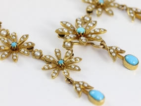 FABULOUS EDWARDIAN TURQUOISE AND PEARL 15 CARAT GOLD NECKLACE 