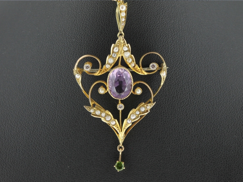 Spectacular edwardian seed pearl, diamond, amethyst, green garnet 9ct brooch-pendant