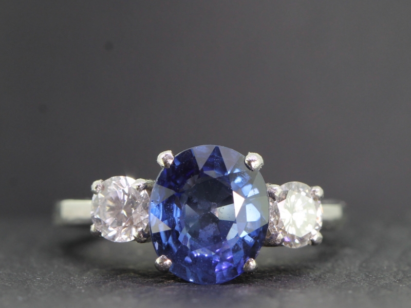 Stunning natural sapphire and diamond platinum trilogy ring