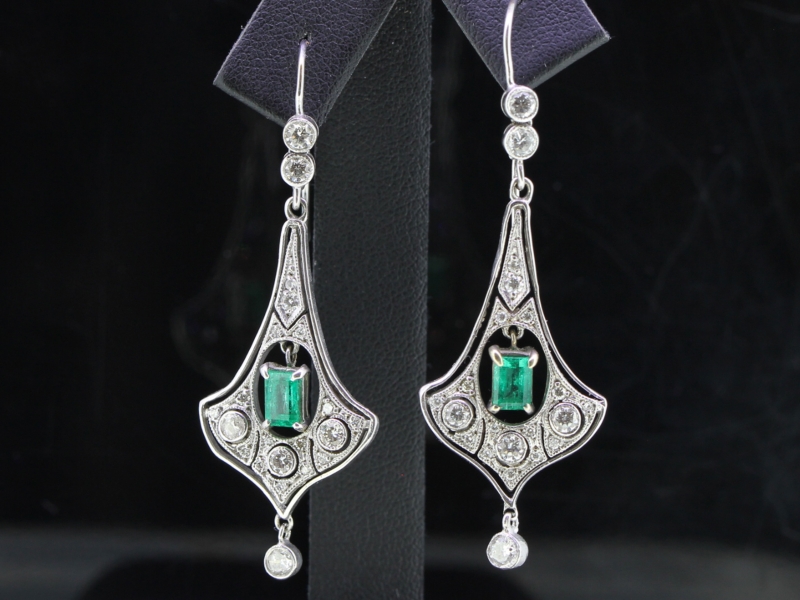 Fabulous edwardian inspired emerald and diamond 18 carat gold earrings