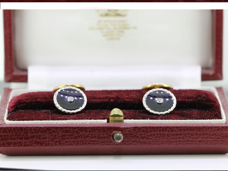 Fabulous original 1920's 18 carat gold and platinum black onyx and diamond cufflinks