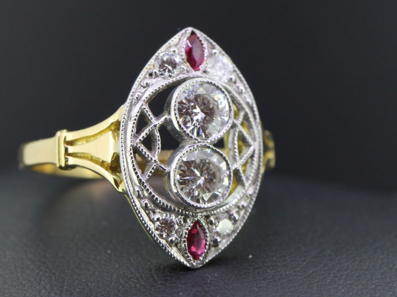  wonderful nevette art deco inspired diamond and ruby 18 carat gold ring
