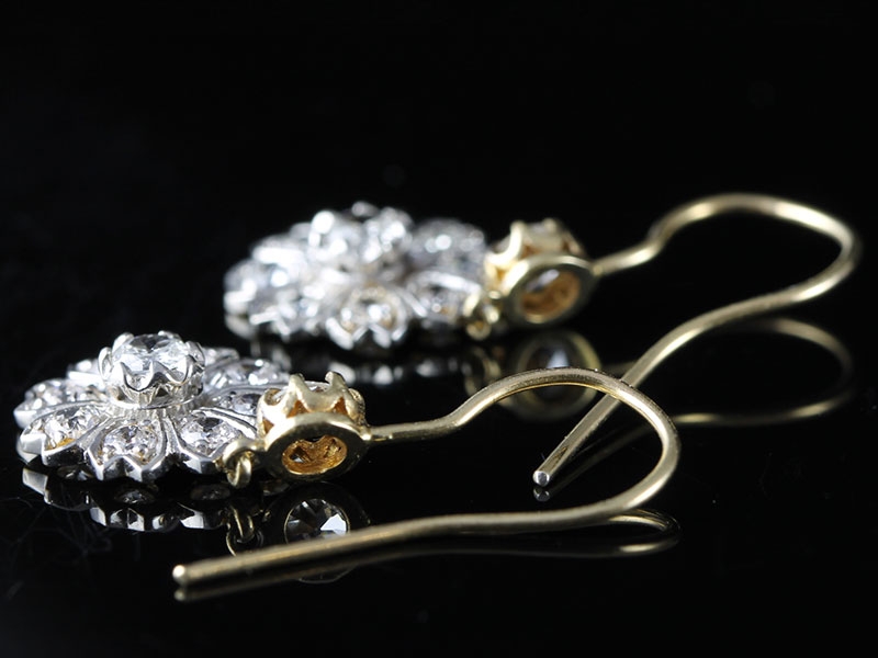 Radiant 15 carat gold diamond flower cluster drop earrings