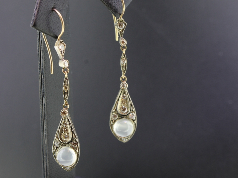 Beautiful moonstone and diamond silver set and gold drop earrings