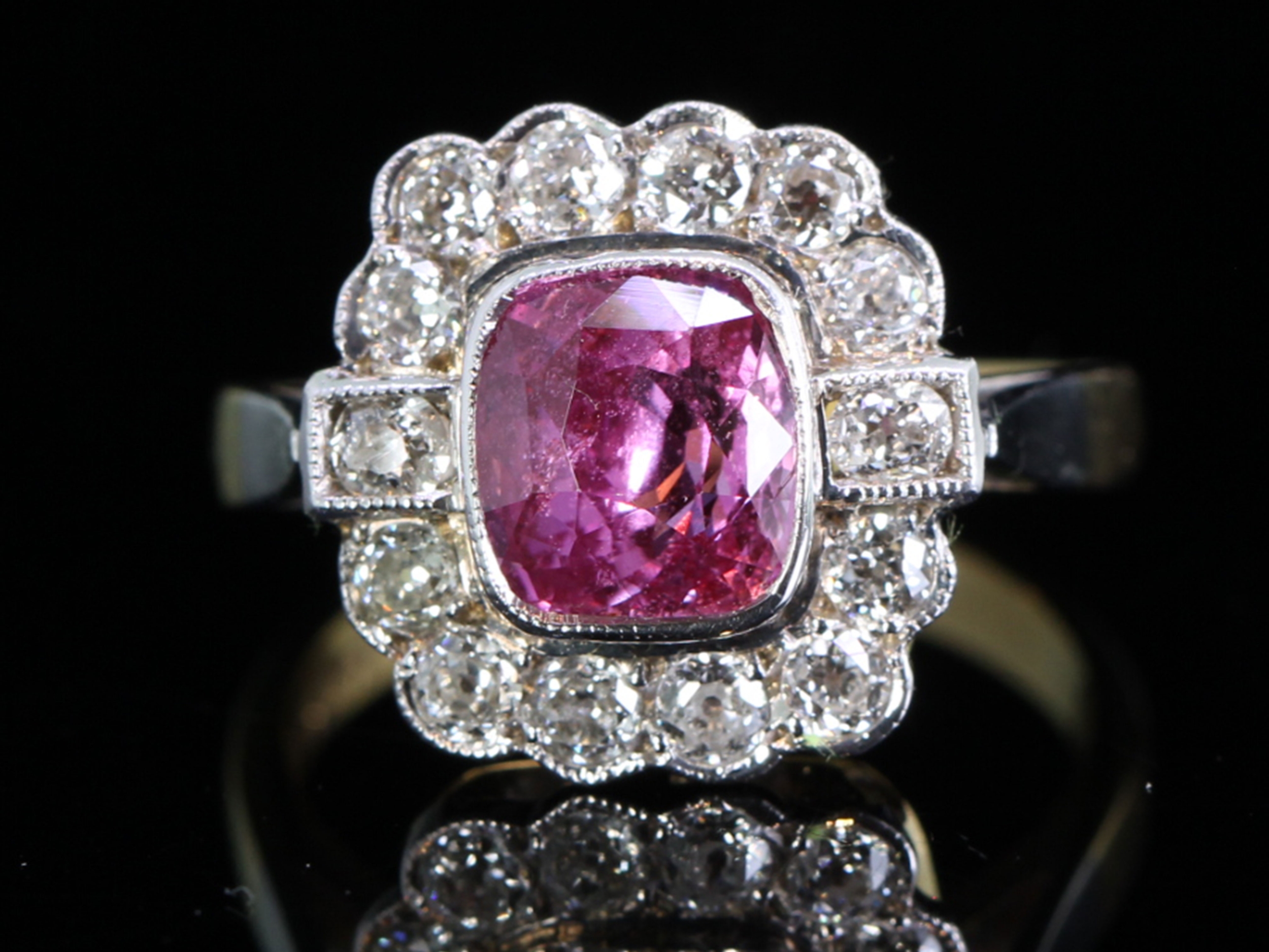 Vintage pink sapphire and diamond 18ct gold art deco style ring