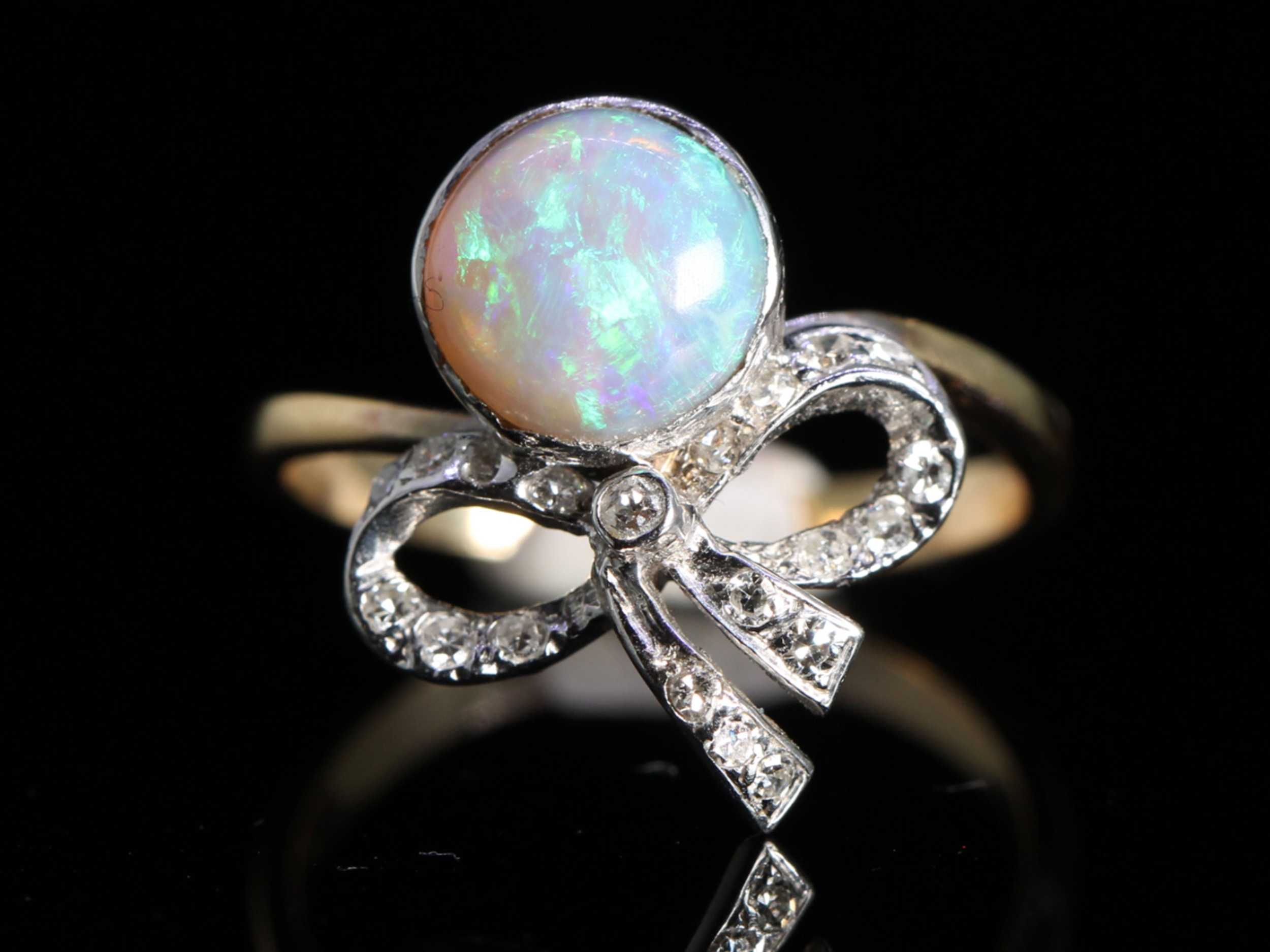 Victorian style opal and diamond bow 18ct gold ring
