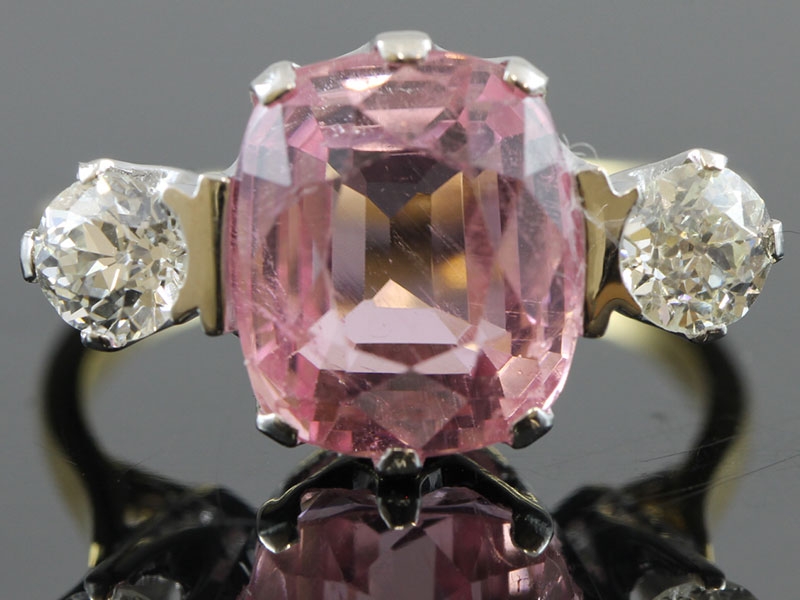 Gorgeous pink tourmaline and diamond 18 carat gold trilogy ring