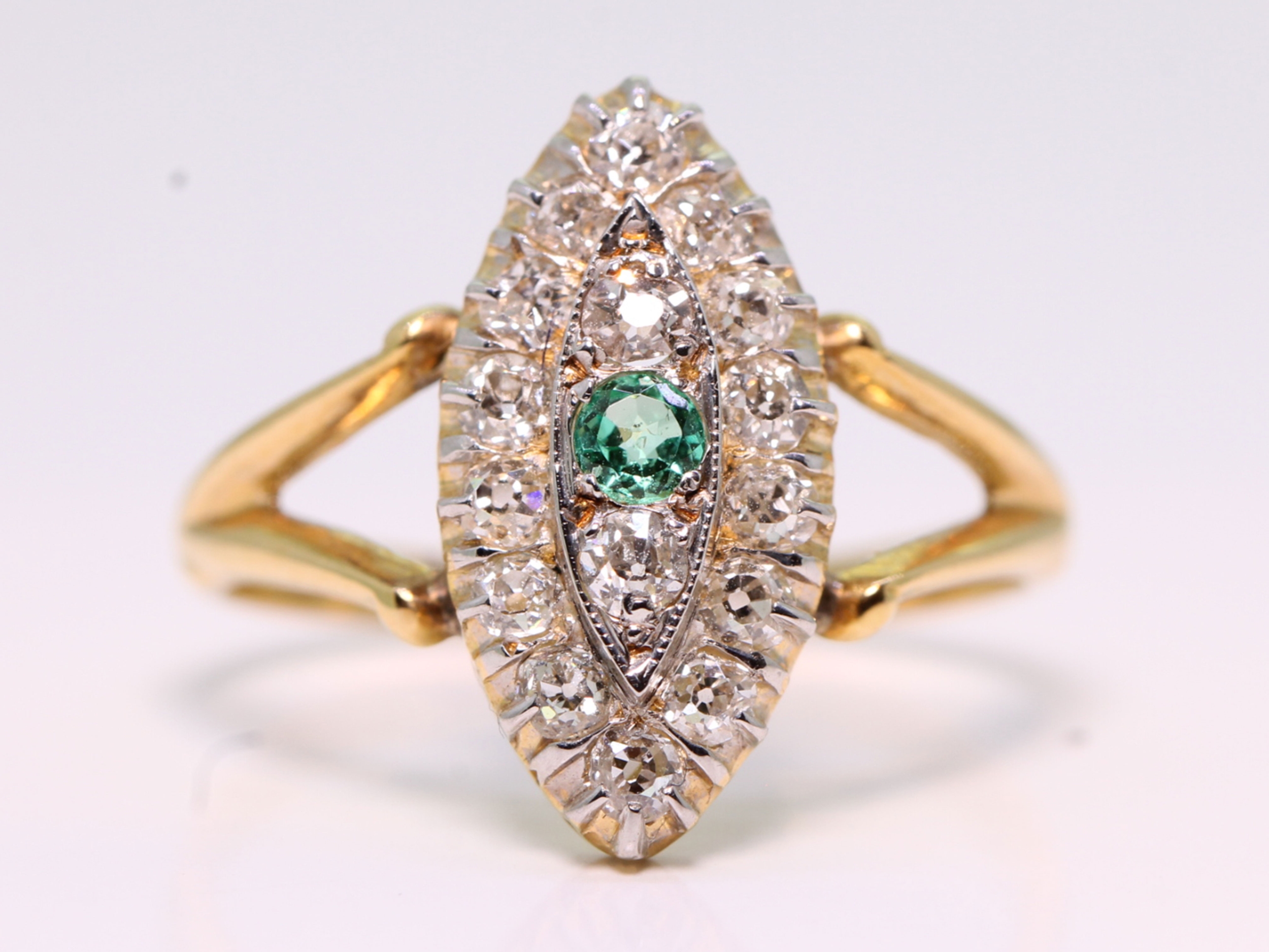  edwardian emerald and diamond 18ct gold navette ring