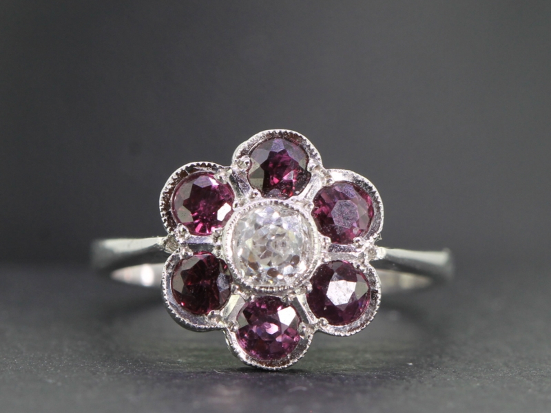 Dramatic ruby and diamond cluster 18 carat gold ring