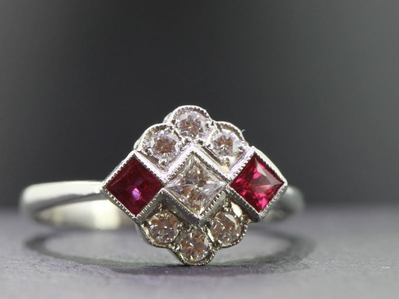 Pretty diamond and ruby platinum art deco inspired ring