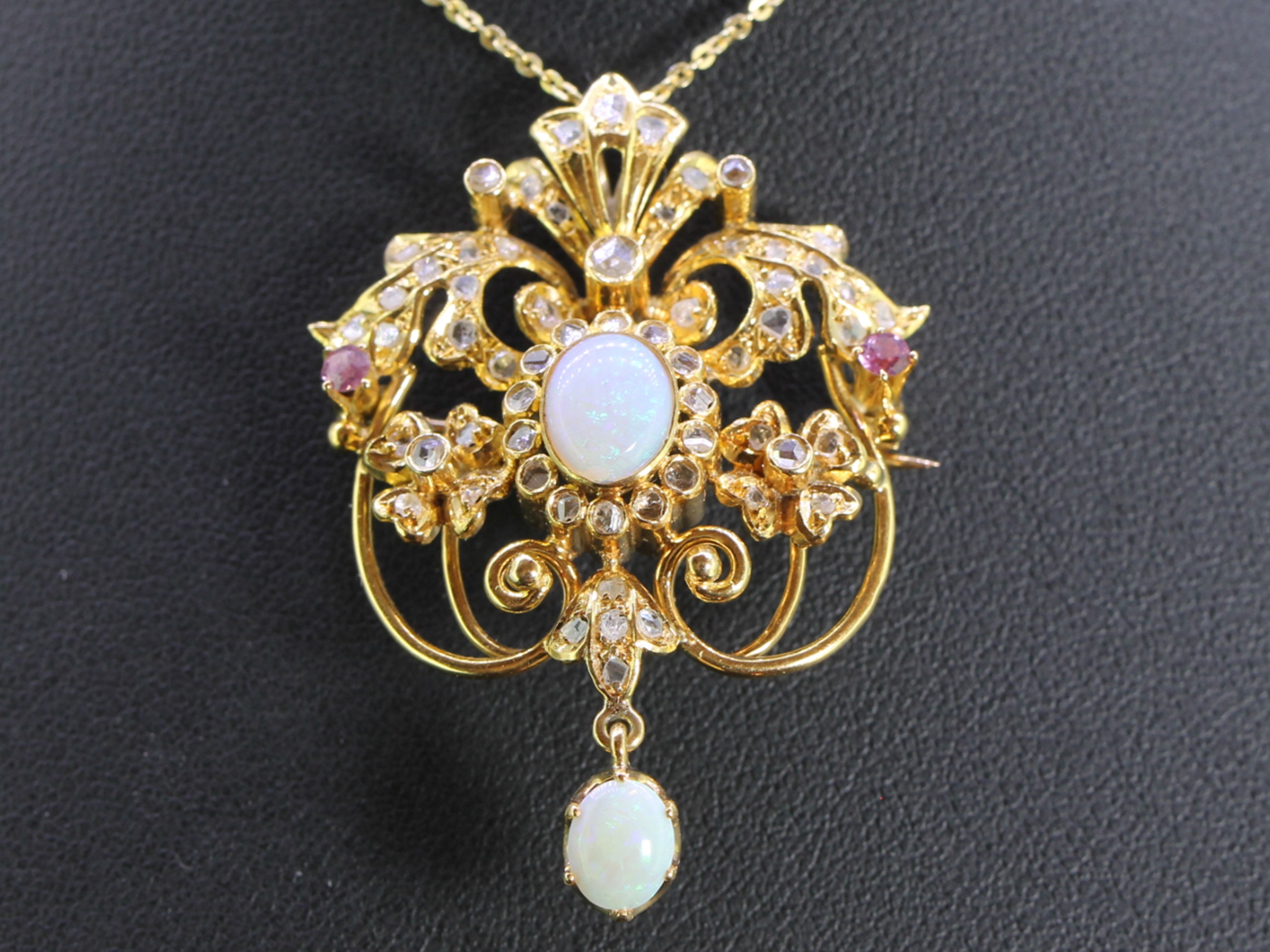  stunning opal, diamond and ruby 18 carat gold pendant/brooch