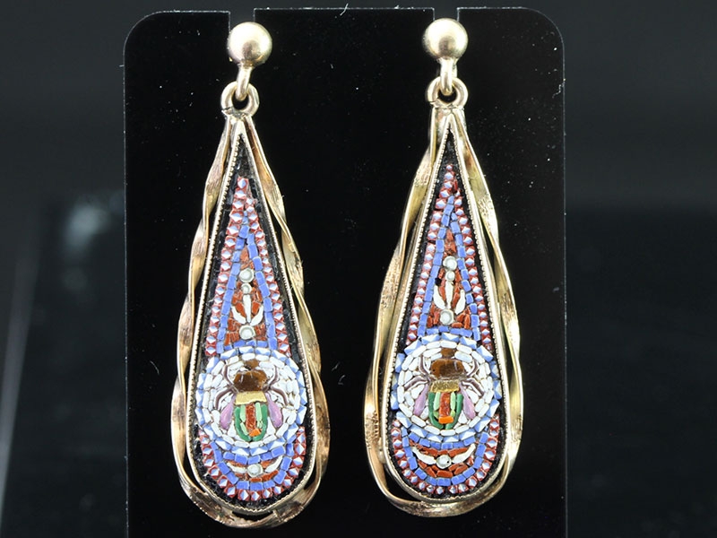 Fabulous victorian micro-mosaic scarab 9 carat gold earrings